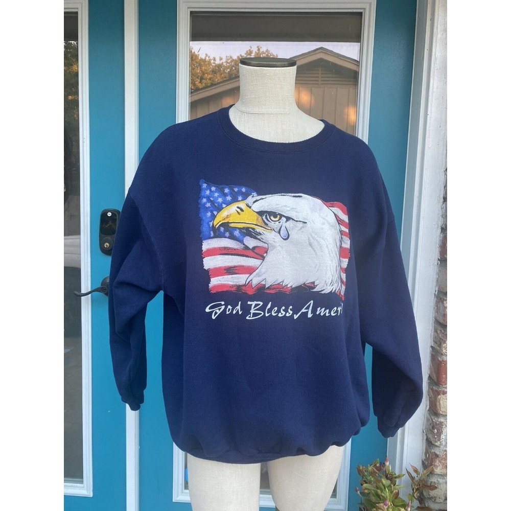 VTG Hanes Plus 18/20 Sweatshirt “God Bless America” Bald Eagle W/ Tear Crying